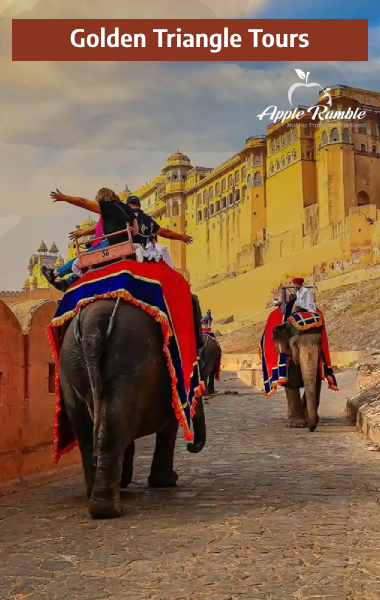 Tourists enjoying an elephant ride at Amber Fort in Jaipur during a Golden Triangle Tour with Apple Ramble Tour & Travels.
